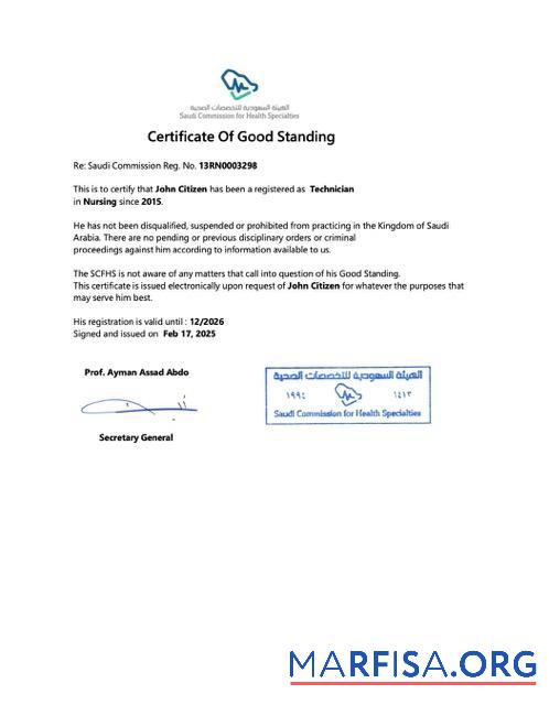 Realistic Saudi Arabia certificate of good standing Word and PDF template, version 3